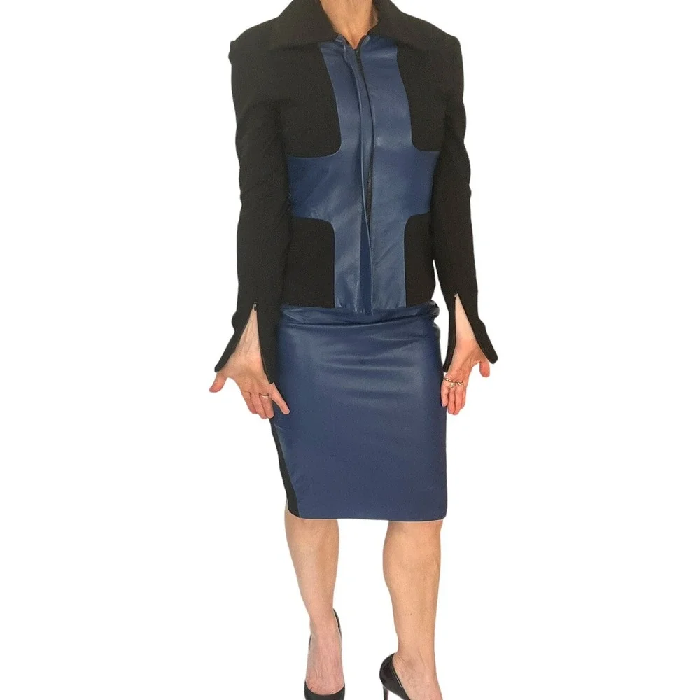 ROBERT RODRIGUEZ  SCUBA NAVY LEATHER COLORBLOCK MOTO JACKET SKIRT SUIT SET 2/4